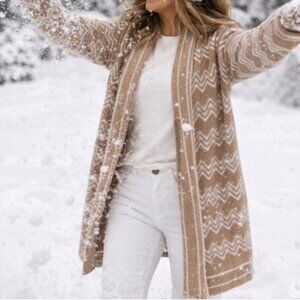 Tan & White Knit Cardigan Duster